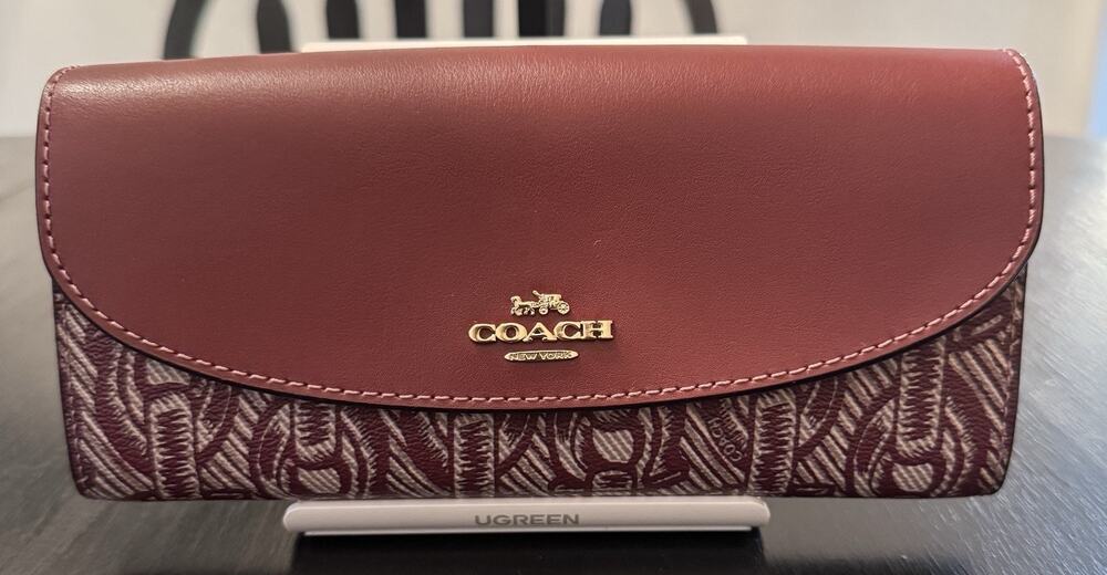 Coach Leather Printed Continental Wallet Wine Cherry